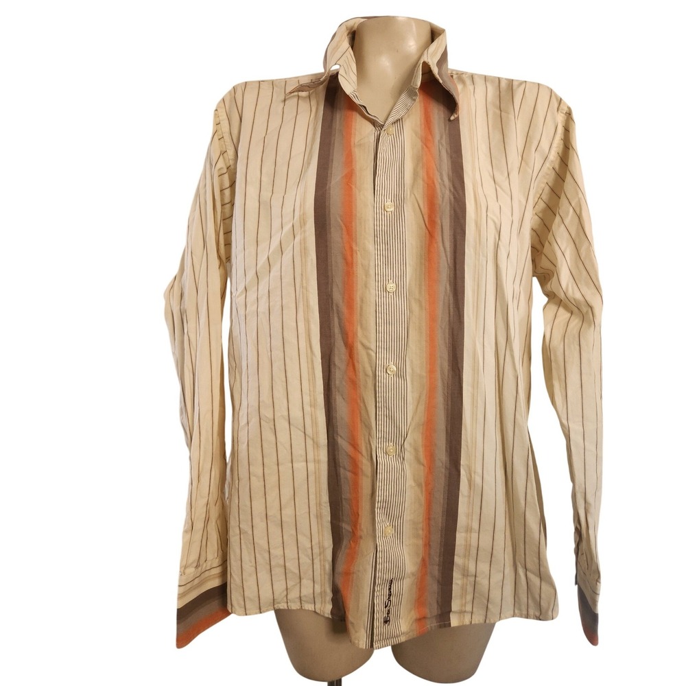 Ben Sherman Mens XL Multi Stripe Button Down Shirt Brown Orange Cotton Retro